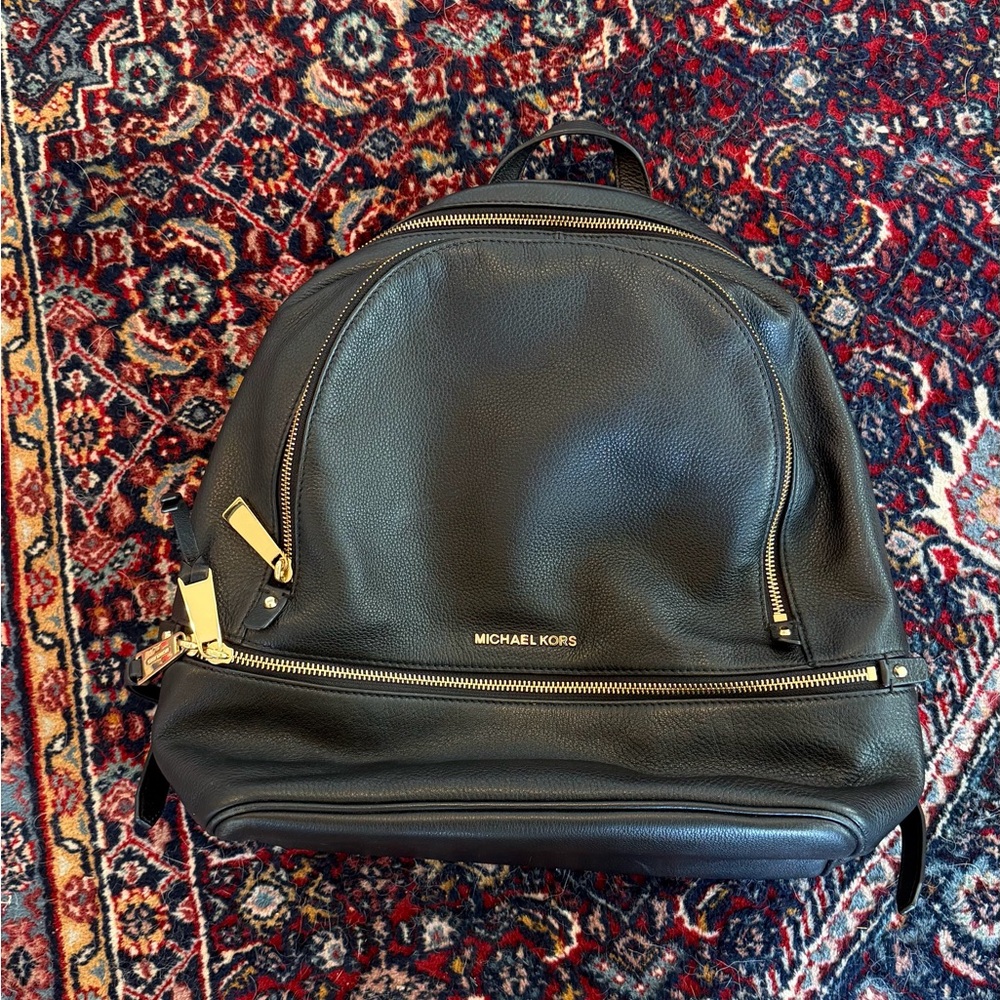 Michael Kors Black Leather Backpack with Gold-Tone Accents - Picture 7 of 7